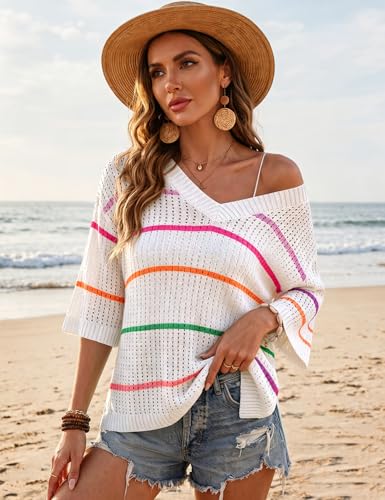 Image of Rapbin Women's Crochet V Neck Beach Cover Up 3 /4 Sleeve Hollow Out Knitted Pullover Sweater