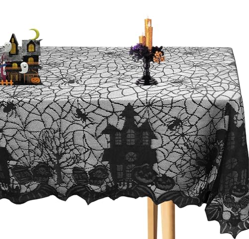 Halloween Tischdecke 135 x 175 cm Halloween Tischdecke Spinnennetz Tischdecke aus schwarzer Spitze Tischtuch mit Spukhaus Schloss