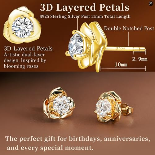Impalsory Moissanite Rose Stud Earrings, 18K Gold Plated Sterling Silver, Hypoallergenic Floral Jewelry for Women4