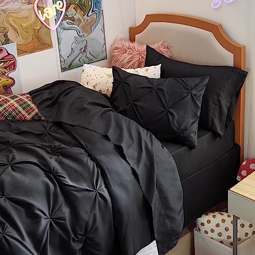 Image of Bedsure Twin Comforter Set Black - Bed in a Bag Twin Size Bedding 5 Pieces, GentleSoft Pintuck Bed Set Gift for Family, All Season Down Alternative Comforter with Sheets, Pillowcase & Sham