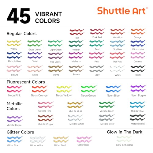 Shuttle Art 45 Colours 3D Fabric Paint Set - Permanent, Glow in The Dark, Glitter, Metallic - With Brushes, Pen, Sheet, Stencils for Textile, T-Shirt, Glass, Wood