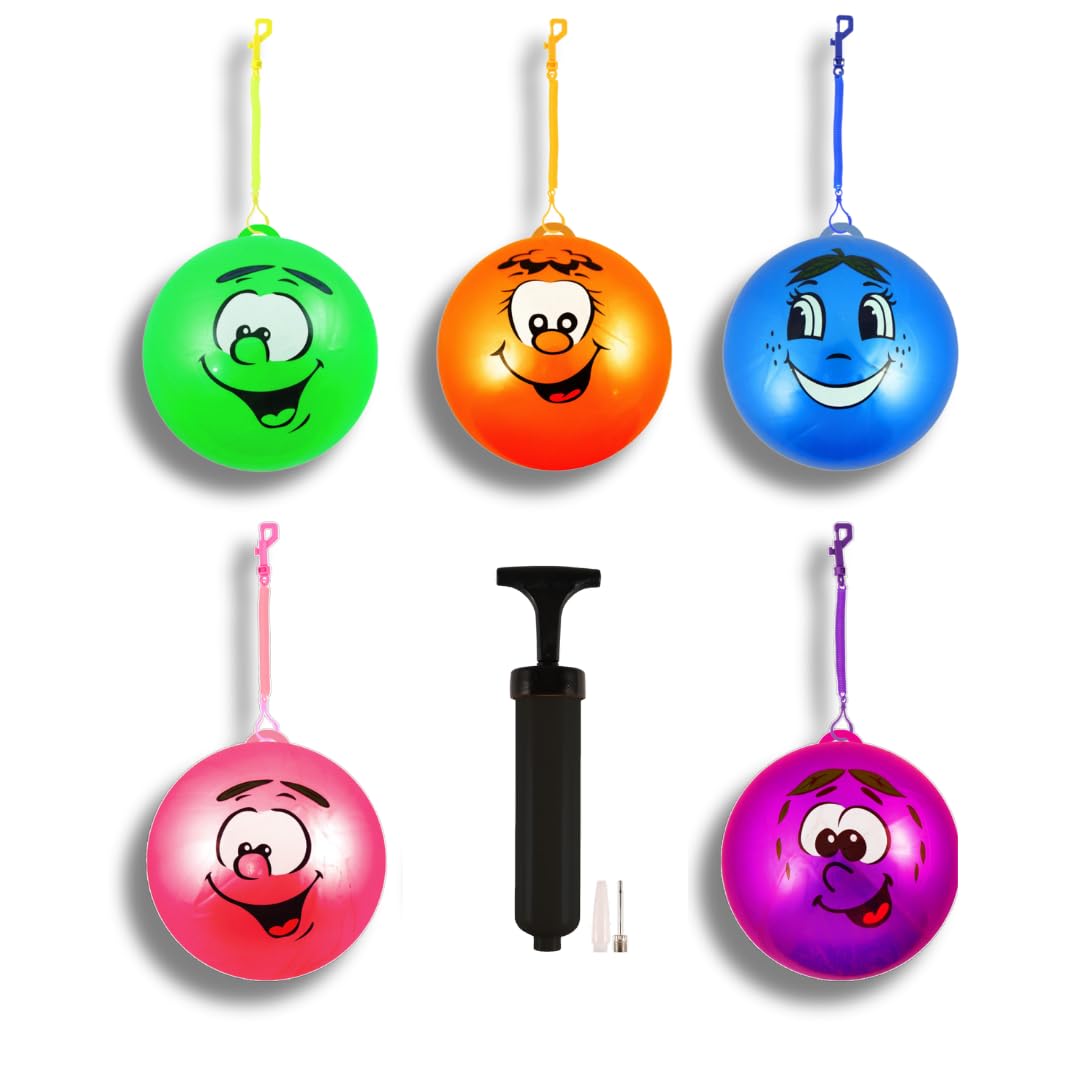 TC Toys 5 x Inflatable Scented Smiley Face Balls 25cm with Spiral Keychains & Included Pump (5 Balls with Pump)