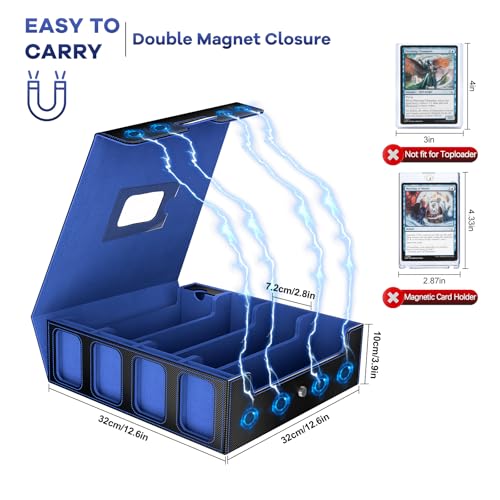 Image of 3200+ Trading Card Storage Box with Commander Display, 4-Row TCG Card Box with Portable Handle, Compatible for TCG /MTG /Magic Cards, 30 Colorful Divider, 8 Supporters, US Design Patent (Black&Blue)
