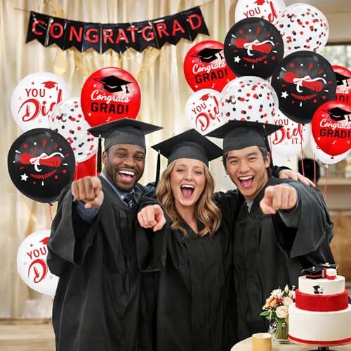 Image of Graduation Decorations 2026 - Graduation Balloons 62pcs 12 Inch Red Black White Grad Print Latex Confetti Balloons for College High School Class of 2026 Congrats Grad Party Decor Supplies (Ribbon)