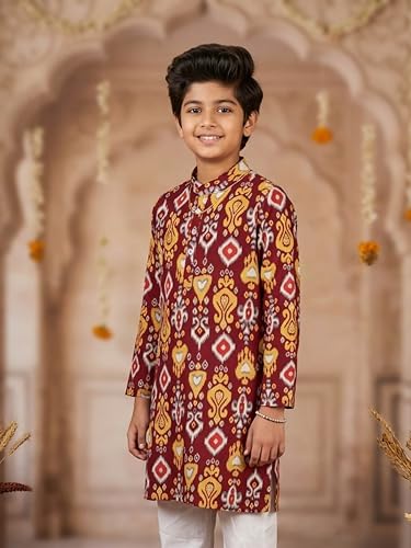 Image of KiddoPanti Boys 100% Cotton Ethnic Motif Printed Short Length Kurta