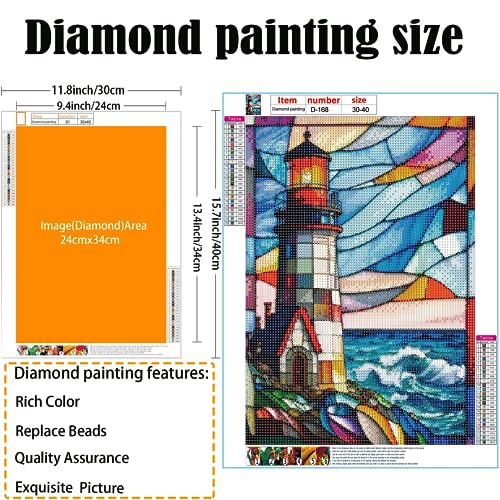 Image of 5D Stained Glass Lighthouse Diamond Painting,Adult Diamond Art kit, DIY Diamond Painting kit,Full Diamond Round Diamond dot Diamond Art kit,Craft Home wall Art decorating-12x16in