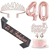 40th Birthday Decorations Women with Black 40th Birthday Sash and Crown, Cake Topper and Candles, Number Balloons Rose Gold, 40 Year Old Gifts for Women