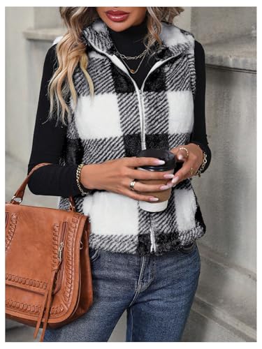 SOLY HUX Women's Plaid Fuzzy Vest Zip Up Sleeveless Mock Neck Fleece Jacket Warm Outerwear with Pockets4