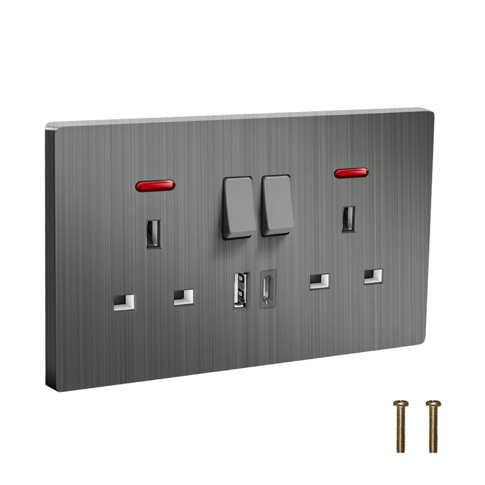 EINNO Double Switched Wall Outlets with USB C and A, 13 Amp, Brushed Grey, Double Socket with USB