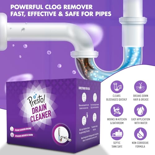 Image of Amazon Brand - Presto! Drain Cleaner Powder | 800 Gram | 50g x 16 Packs | Removes Blockages | Breaks Down Grease and Hair | Fast Acting Formula | Drainpipe Safe | Easy Application