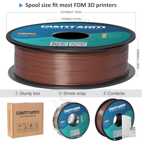 Image of GIANTARM PLA 3D Printer Filament 1.75mm Brown, Dimensional Accuracy + /-0.03mm, 1kg (2.2lbs), 1080 Feet （330m） per Roll, Vacuum Packaging, Toughness Enhanced, Fit for Most 3D FDM Printer