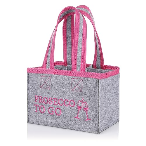 FunX Flaschentasche Prosecco to go - Filztasche für 6 Flaschen - Grau mit Trageschlaufen und Aufdruck - Vielseitig einsetzbar - 19x12x14 cm