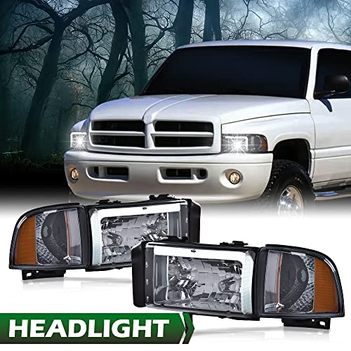 Image of GRAND ORANGE Led Drl Headlights Assembly, Compatible with Dodge Ram 1500 2500 3500 1994 1995 1996 1997 1998 1999 2000 2001 2002 Black Housing Clear Corner(Smoky lens Chrome Housing Amber Reflector)