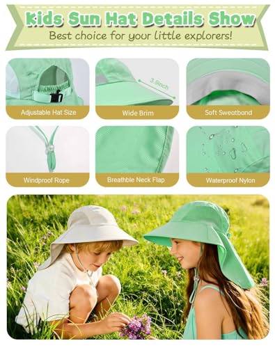 Image of Rosoz Kids Sun Hat with Neck Flap UV Protection Summer Toddler Beach Hat Unisex Ponytail Hat Wide Brim Fishing Hat