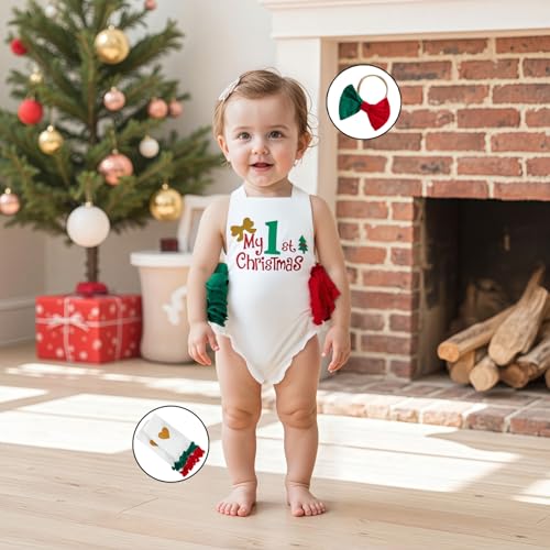 luethbiezx Baby Girls My First Christmas Outfit Sleeveless Halter Backless Ruffle Romper Leg Warmers with Headband2