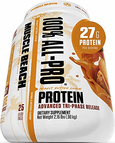 Whey Protein Powder Muscle Beach All-Pro, 27G Protein with Whey Protein Isolate, Low Carb Gluten Free Keto Protein Powder, Egg White Whey Isolate, 2LBs Peanut Butter Cookie