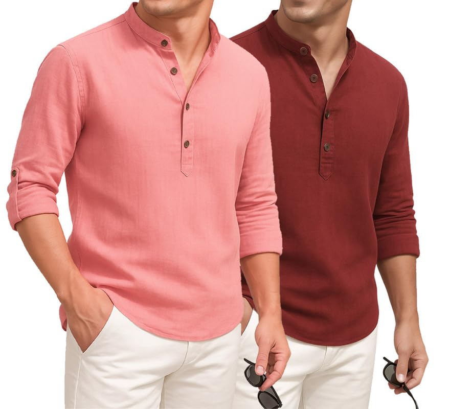 Image of DEELMO Combo of Men's Cotton Blend Solid Regular Fit Full Sleeve Short Kurta | Men's Trendy Short Kurta Pack of 2