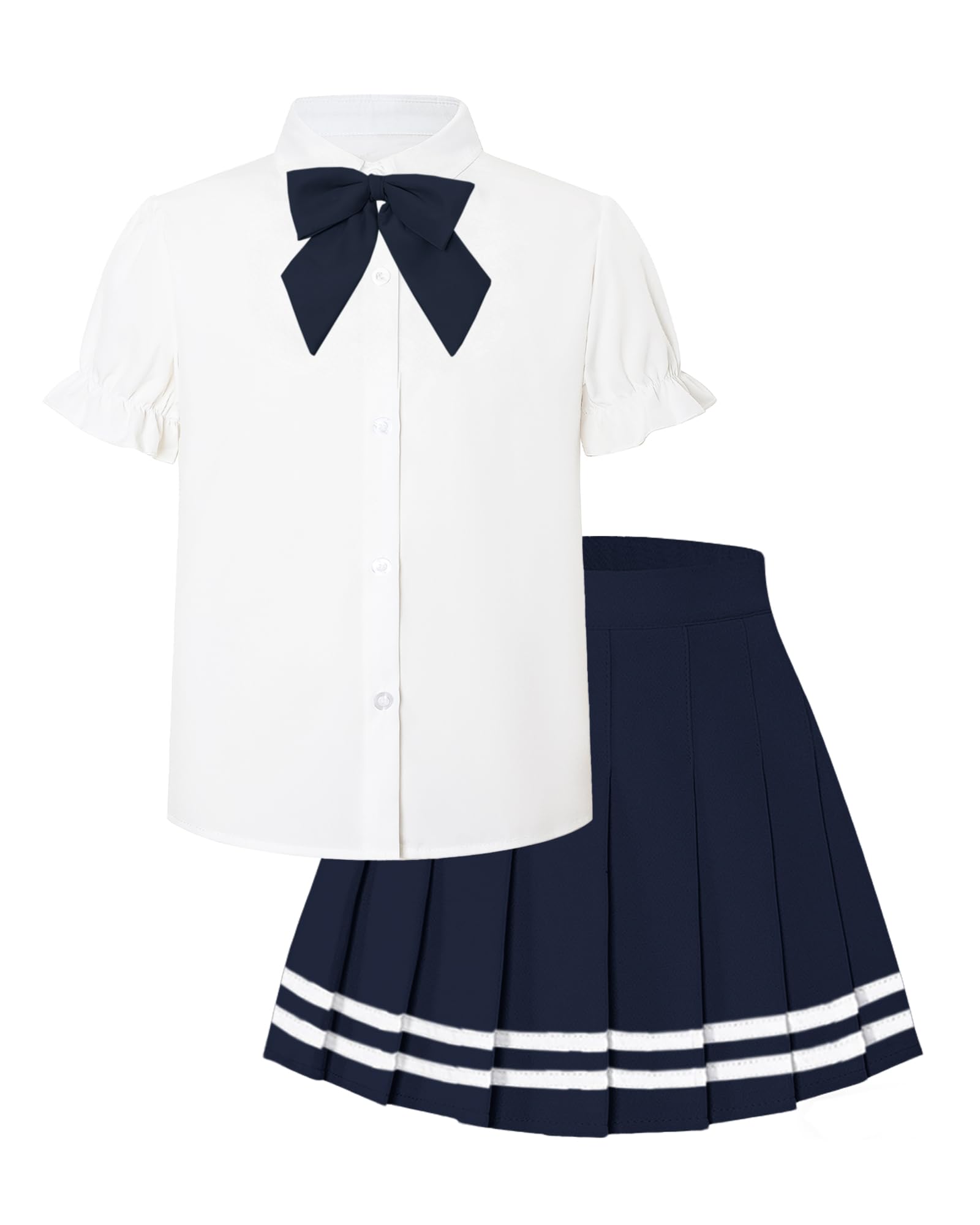 Betusline Girls Skirt Set JK School Uniform 2-Piece Outfit - Short Sleeve Shirt with Bow &amp; Webbing Style Solid Pleated Skirt,Webbing Navy Blue, 4-5 T = Tag 120