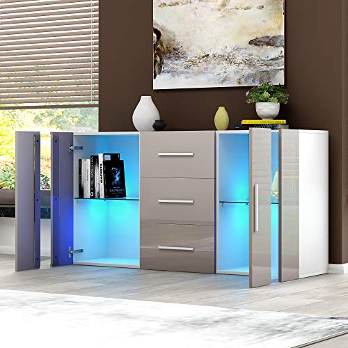 Panana Modern Sideboard High Gloss Fronts Storage Cabinet Cupboard with Three Drawers and Two Doors RGB LED Lights Living Room Hallway White (White and Grey Front) - Image 3