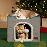 Bedsure Cat Beds for Indoor Cats - Large Cat Cave for Pet Cat House with Fluffy Ball Hanging and Scratch Pad, Foldable Cat Hideaway, 16.5x16.5x13 inches, Grey