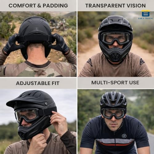 Image of Premium Adult Motocross Dirt Bike Racing, Cycling Goggles - Transparent Lens, Adjustable Strap with Extra Back Padding for Comfort