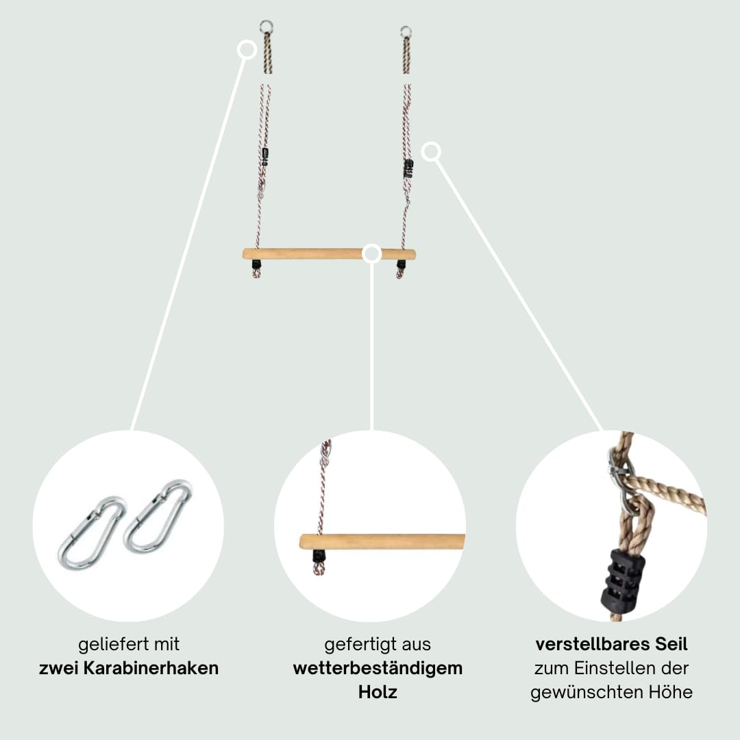 h2i Holz Trapezstange – Robuste Trapez Schaukel mit PP-Seilen & Karabinern, Höhenverstellbar, Für Indoor & Outdoor, Stabil & Langlebig