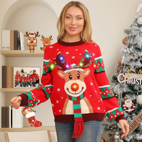 Matching Light-Up Reindeer Christmas Sweater with 3D Scarf - Image 3