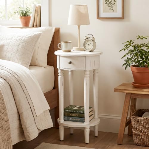 Image of HOMPUS Round End Table with Drawer, Tall end Table with Open Shelf, Farmhouse Rustic Nightstand, Slim Side Table for Small Spaces, Skinny Modern Space-Saving Accent Table for Bedroom, Easily Assembled
