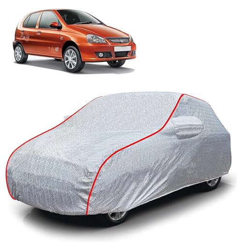 Image of Sulfar 100% Waterproof Car Body Cover Compatible with Mirror for Tata Indica eV2 (Triple Stitched, Full Bottom Elastic, Magic Silver with Red Piping)