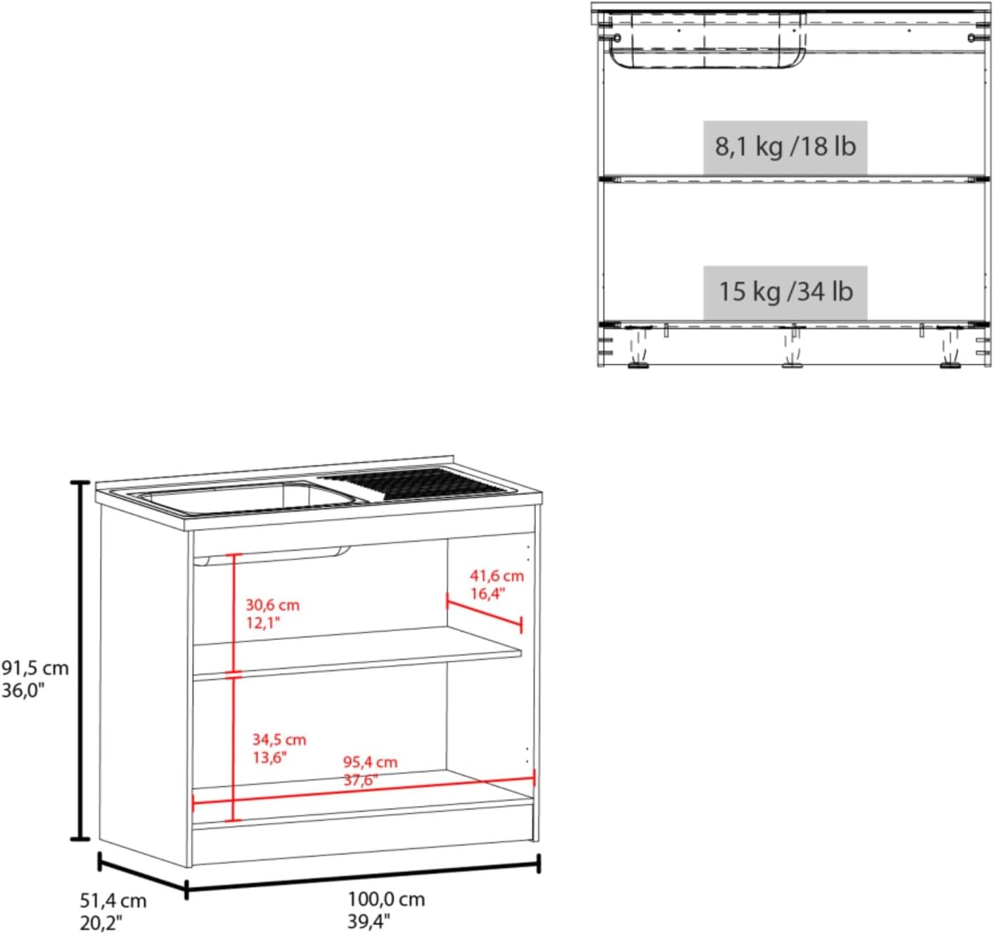 Furniture Utility Sink Base Cabinet with Double Doors and Interior Shelf, White Smokey Oak Kitchen Sink (Black)