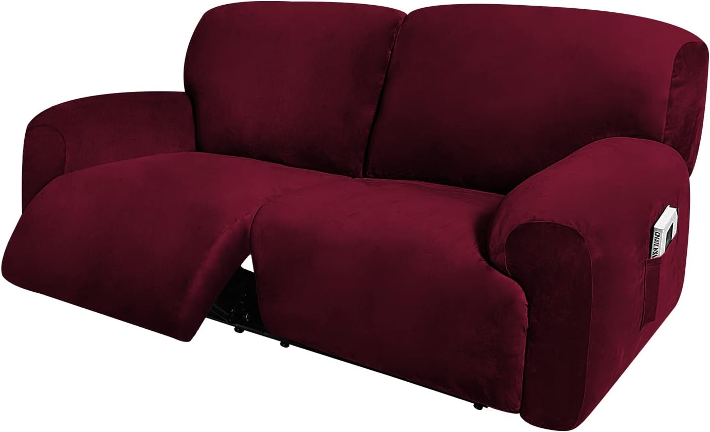 ULTICOR Extra Wide 75" - 100", Reclining 2 Seater Sofa, Extra Wide Reclining Love Seat Slipcover, 6-Piece Velvet Stretch, Reclining Sofa Covers, Thick, Soft, Washable (Burgundy - Wine)
