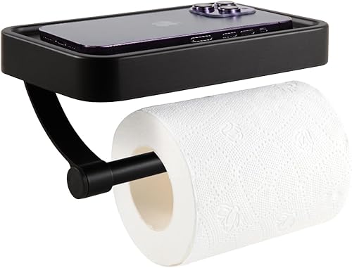 Miniatura 5 de Soporte adhesivo para papel higiénico con estante para teléfono, soporte moderno para papel higiénico de acero inoxidable, soporte para rollo de