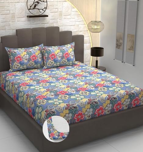 Image of Jashan 300 TC Glace Cotton Super Soft Fabric King Size Fitted Bedsheet for Double Bed, King Size 72 inches X 78 Inches x 10 Inches, with 2 Large Size Pillow Covers - Multi Colours
