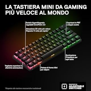 SteelSeries Apex Pro Mini Wireless HyperMagnetic Tastiera da gaming - La più veloce al mondo - Fattore di forma 60% - RGB - Copritasti in PBT - BT - 2.4GHz - USB-C - Layout QWERTY Inglese