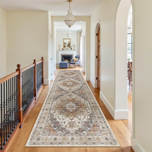 Madane Hallway Runner Rug 3x12 Washable Kitchen Runners 12ft, Turmeric/Grey