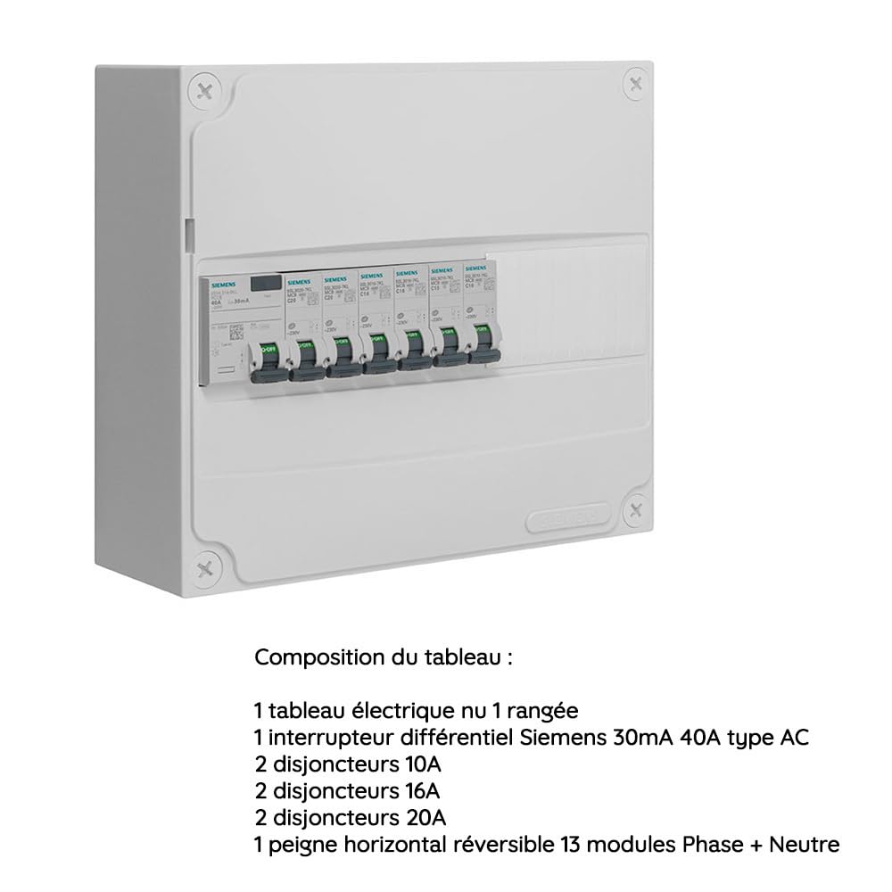 SIEMENS Tableau électrique pré-équipé 1 rangée 13 modules 6 disjoncteurs 1 interrupteur différentiel