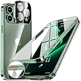 NIANGUO【ロック機能付き・自動ポップアップボタン】 iPhone13 Pro Max 用 ケース クリア 【両面強化ガラス】 9H硬度 【一体型レンズ保護】 アイフォン13プロマックス カバー アルミバンパー メタルフレーム 耐衝撃 高感度タッチ 薄型 軽量 ワイヤレス充電対応 ストラップホール付き iPhone13 Pro Max 用 ケース 6.7インチ（アルパイングリーン）