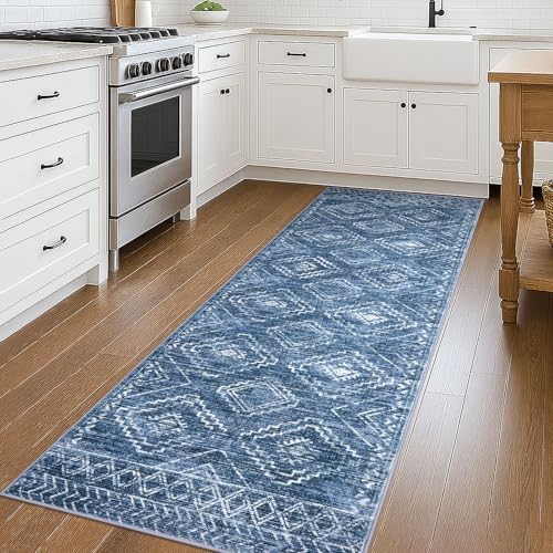 KILOCOCO Hallway Runner Rug 3x8 Runners for Hallways Washable Runner Rug Non Slip Rubber Backed Low-Pile Runners for Bedroom Kitchen Living Room Laundry Room Boho Rugs, Stonewashed Blue