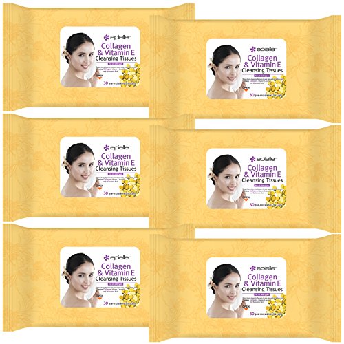 Epielle Collagen & Vitamin E Facial Cleansing Tissues Wipes Towelettes - 30ct (Sheets) per pack, Total 6 packs