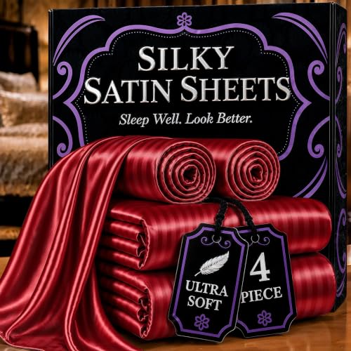 DECOLURE Satin Bed Sheets - 4 Piece Luxury Silky Twin Size Bedding Set - Softer Than Silk, Wrinkle-Free with 15” Deep Pocket Fitted Sheet, Perfect for Hair & Skin, Gifts for Women (Striped Red)