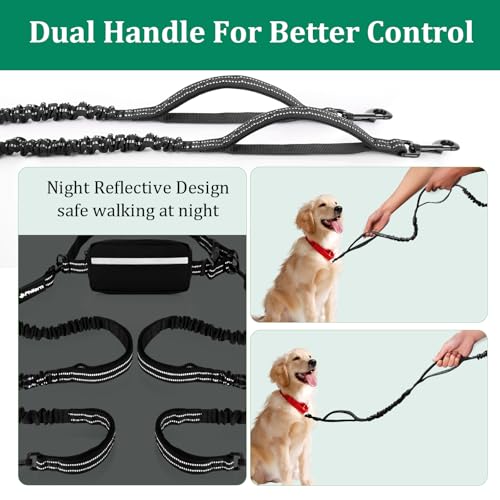 Philorn Joggingleine für 2 Hunde, Freihändig Laufleine für Hunde, Bauchgurt Hundeleine zum Joggen Laufen Wandern mit Dual Griffe, Reflektierende Nähte, Laufgurt für Große Hund bis 50kg, 121-164cm