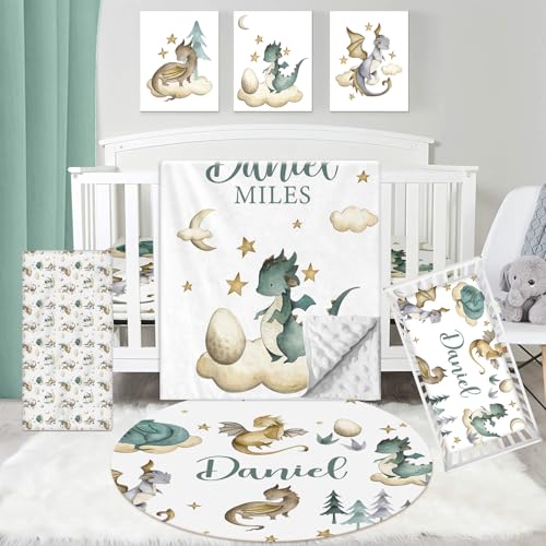 Personalized Baby Crib Bedding Set – 5 Piece Custom Gift Crib Dinosaur Bed Set with Name for Baby Boys, Crib Sheet,Changing Pad Cover, Rug, Wall Art, Nursery Decor for Toddlers(Fixed Size)