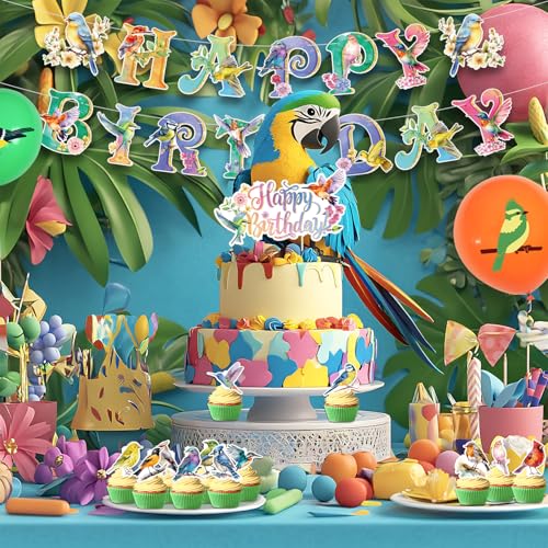 Image of Bird Party Decorations, Includes Happy Birthday Banner, Cake Toppers, Bird Stickers, Balloons, Honeycomb Centerpieces, for Bird Theme Baby Shower Summer Tea Party Supplies