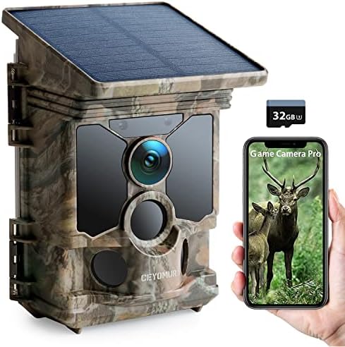 CEYOMUR Solar Trail Camera 4K 30fps, WiFi Bluetooth 40MP Game Camera, 120° Detection Angle Night Vision Motion Activated IP66 Waterproof for Wildlife Monitoring with U3 32GB Micro SD Card
