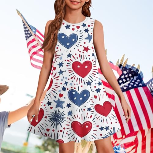 Girls’ 4th of July Dress, Sleeveless Stars and Stripes Patriotic A-Line Sundress for Independence Day 4-14 Years2