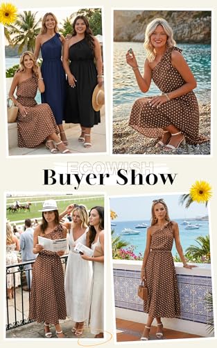 Image of ECOWISH Womens Summer One Shoulder Maxi Dress Casual Polka Dot Midi Dresses Sleeveless Long Pockets Sundress Beach Vacation