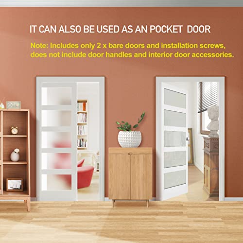 Image of 64 inch x 80 inch French Interior Door, 5 Lite Tempered Frosted Glass Panel for Pantry & Bedroom, Double Pre-drilled Holes Slab Doors, White Primed, Assembly Required (Hinges Not Included)