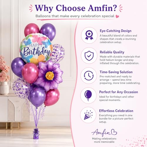 Image of AMFIN (Pack of 20) 17 Inch Butterfly Theme Birthday Balloon Bouquet Purple Chrome Metallic Finish Foil Latex Confetti Women Girls Decoration Item Kit Rainbow Flower