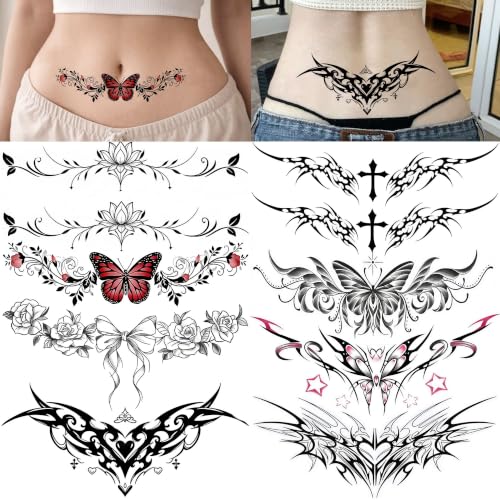 Image of Bilizar 8 Sheets Tramp Stamp Waist Tattoos Lotus Butterfly Temporary Tattoos For Women Adults Cross Sticker, Realistic Bow Bowknot Rose Fake Belly Tattoos Y2K Back Tatoos Waterproof Long Lasting
