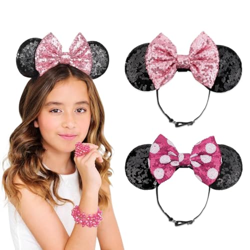 Image of DRESHOW Minnie Ears Headbands Mouse Ears Sequin Bow Headbands Elastic Adjustable Headband Glitter Party Decoration Cosplay Costume for Women